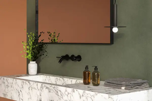 Modern bathroom setup with soap dispensers, towels, plant, black-framed mirror, pendant light and green walls, close up. Ideal for showcasing your products on a stylish marble basin. 3d rendering