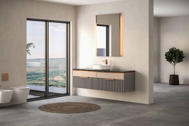 Modern minimalist banyo, modern banyo dolabı, beyaz lavabo, ahşap kibir, iç tesisler, banyo aksesuarları, küvet ve tuvalet, bej duvarlar.