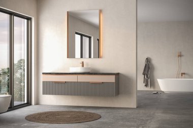 Modern minimalist banyo, modern banyo dolabı, beyaz lavabo, ahşap kibir, iç tesisler, banyo aksesuarları, küvet ve tuvalet, bej duvarlar.
