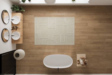 Beyaz duvarlı zarif banyo manzarası oval aynalı beyaz leğen, küvet, duş, bitkiler ve parke zemin. Boho İskandinav banyosu, açık plan..