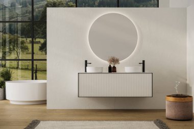 Beyaz duvarlı zarif banyo, oval aynalı beyaz leğen, küvet, duş, bitkiler ve parke zemin. Boho İskandinav banyosu.