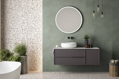 Modern minimalist banyo, gri banyo dolabı, beyaz lavabo, ahşap kibir, iç tesisler, banyo aksesuarları, beyaz küvet, yeşil duvar, terrazzo döşeme.