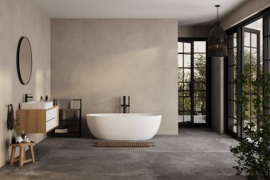 Modern minimalist banyo, modern banyo dolabı, beyaz lavabo, ahşap kibir, iç tesisler, banyo aksesuarları, küvet ve duş, beyaz ve bej duvarlar, beton zemin.