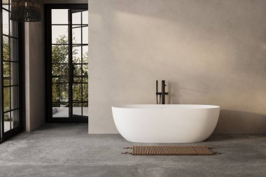 Modern minimalist banyo, modern banyo dolabı, beyaz lavabo, ahşap kibir, iç tesisler, banyo aksesuarları, küvet ve duş, beyaz ve bej duvarlar, beton zemin.