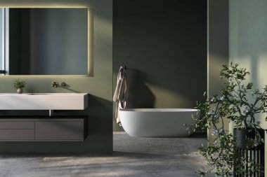 Beyaz küveti ve yeşil duvarı olan bir banyo. Küvetin sağ tarafında saksı bitkisi var.