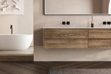 Beyaz leğen ve aynalı bej banyo döşemesi, küvet, bitkiler. Otel stüdyosunda banyo aksesuarları ve pencere..