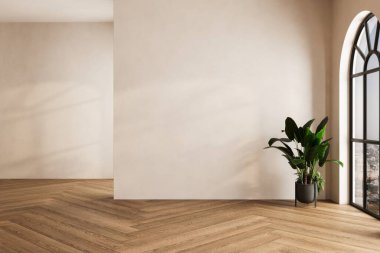 Dairenin modern iç tasarımı, bej duvarlı boş oturma odası, panorama.