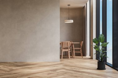 Dairenin modern iç tasarımı, masa ve sandalyeli yemek odası, bej duvarlı boş oturma odası, panorama.