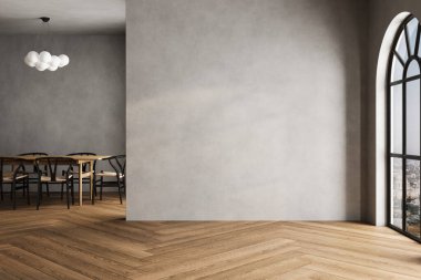 Dairenin modern iç tasarımı, masa ve sandalyeli yemek odası, gri duvarlı boş oturma odası, panorama.