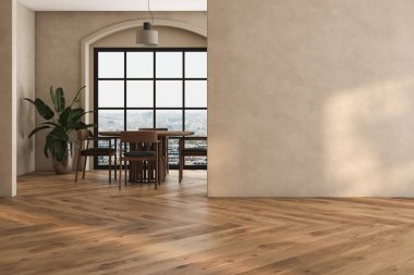 Dairenin modern iç tasarımı, masa ve sandalyeli yemek odası, bej duvarlı boş oturma odası, panorama.