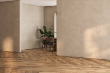 Dairenin modern iç tasarımı, masa ve sandalyeli yemek odası, bej duvarlı boş oturma odası, panorama.