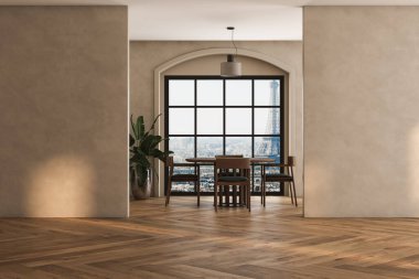 Dairenin modern iç tasarımı, masa ve sandalyeli yemek odası, bej duvarlı boş oturma odası, panorama.