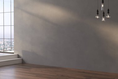 Dairenin modern iç tasarımı, ahşap döşemeli, pencereli ve çeşitli mobilyalar ve ev dekorasyonu modelleri için uygun boş iç mekan, panorama.