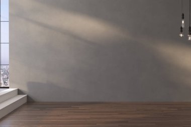 Dairenin modern iç tasarımı, ahşap döşemeli, pencereli ve çeşitli mobilyalar ve ev dekorasyonu modelleri için uygun boş iç mekan, panorama.