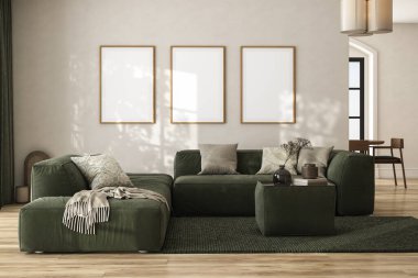 Modüler yeşil kanepe, mobilya, ahşap sehpa, ekose, yastık, sandalye ve mutfak ve şık ev dekorasyonunda zarif kişisel aksesuarları olan modern açık alan.