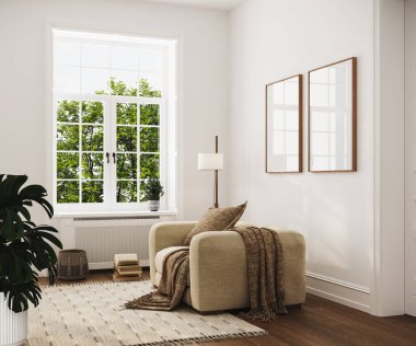 Modern iç plan, oturma odası, İskandinav tarzı poster çerçeveleri.