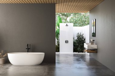 Karanlık duvarlı modern banyo, çift aynalı mermer leğen, küvet, açık hava duşu ve gri beton zemin. Modern mobilyalı minimalist siyah banyo. 3B görüntüleme