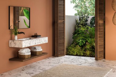 Modern modern stil banyo tropikal stil manzaralı 3D döşeme, mermer zemin ve mermer leğen tezgahı ve siyah çerçeveli ayna ile süslenmiş yeşil ve turuncu duvar var.