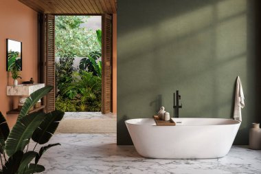 Modern modern stil banyo tropikal stil manzaralı 3D döşeme, mermer zemin ve mermer leğen tezgahı ve siyah çerçeveli ayna ile süslenmiş yeşil ve turuncu duvar var.