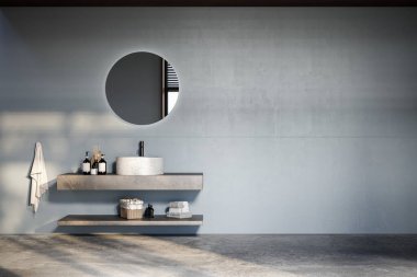 Modern banyo içi beyaz küvet ve mermer kibir, sepetler, mavi duvarlar, beton zemin, bitkiler, ahşap duvar paneli, doğal ışıklandırma. Modern mobilyaları olan küçük bir banyo. 3d Hazırlama