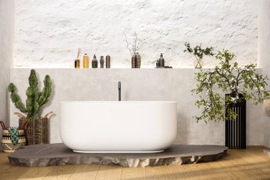 Beyaz banyo küveti ve mermer kibri olan modern banyo..