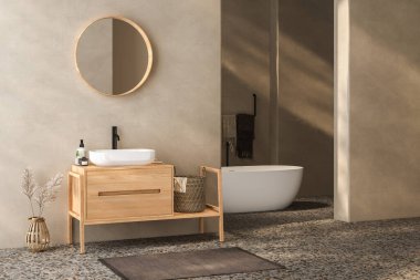 Ahşap kibir, küvet, terrazzo zeminli bej banyo..