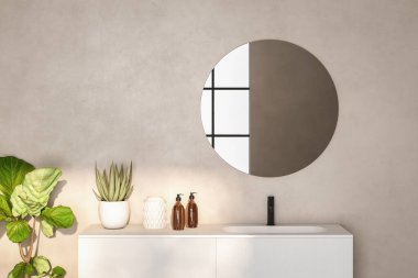 Lavaboyu kapat, oval ayna bej duvarda duruyor, minimalist banyoda siyah musluk olan beyaz dolap. Yan görünüm.