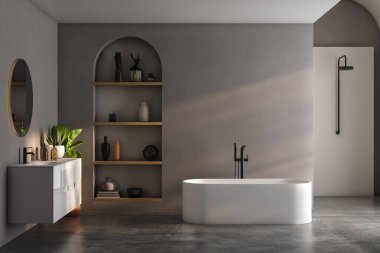 Küveti, lavabosu ve iki tane de tahta rafı olan beyaz banyo köşesi. 3D görüntüleme, düzenle