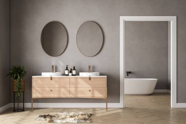 modern gri banyo çift lavabo, yuvarlak aynalar ve küvet.