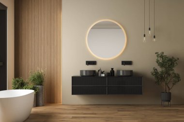 Banyo içi ahşap zemin ve aynayla dolu. 3d illüstrasyon