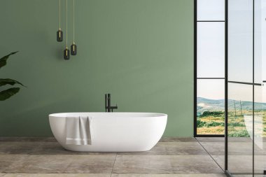 Küvetli modern banyo, iç tesisler, banyo aksesuarları, beton, yeşil duvar.