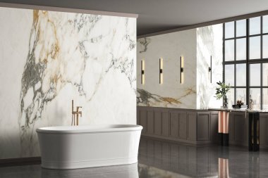 Modern lüks banyo, beyaz mermer duvarlar, küvet, beton zemin, ev bitkileri, ön manzara. Modern mobilyaları ve pencereleri olan güzel bir oda.