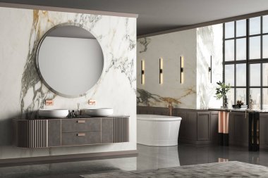 Modern lüks banyo, beyaz mermer duvarlar, küvet, beton zemin, ev bitkileri, ön manzara. Modern mobilyaları ve pencereleri olan güzel bir oda.