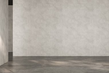 Dairenin modern iç tasarımı, beton döşemesi, penceresi ve çeşitli mobilyalar ve ev dekorları için uygun panorama. 3d oluşturma