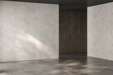 Dairenin modern iç tasarımı, beton döşemesi, penceresi ve çeşitli mobilyalar ve ev dekorları için uygun panorama. 3d oluşturma