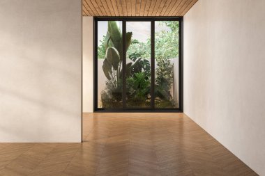 Modern, çağdaş, boş, bahçe kapısı 3D döşeme odaları parke döşeme, ahşap tavan.