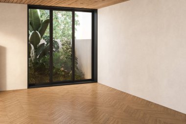 Modern, çağdaş, boş, bahçe kapısı 3D döşeme odaları parke döşeme, ahşap tavan.