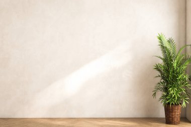 Dairenin modern iç tasarımı, bej duvarlı boş oturma odası, panorama. 3d oluşturma