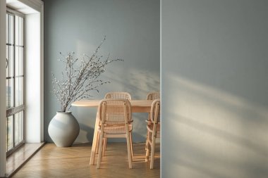 Mavi tonlu duvarlı boş oturma odası