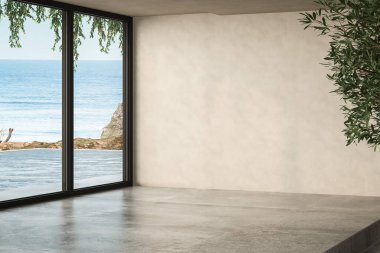 Teras kenarında yüzme havuzu olan lüks yazlık evin deniz manzaralı boş büyük bir oturma odası. Tatil evinde ya da yazlık villada büyük bir bej duvar arkası.