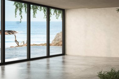 Teras kenarında yüzme havuzu olan lüks yazlık evin deniz manzaralı boş büyük bir oturma odası. Tatil evinde ya da yazlık villada büyük bir bej duvar arkası.