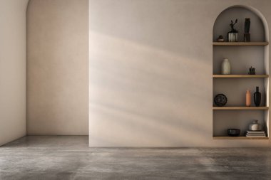 Çağdaş, boş bir çatı katı. 3D bahçe kapısı açık. Oda. Beton zemin, bitkiler, panoramik pencere.