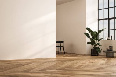 Dairenin, mutfağın, masa ve sandalyeli yemek odasının modern iç tasarımı, bej duvarlı boş oturma odası, panorama.