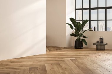 Dairenin, mutfağın, masa ve sandalyeli yemek odasının modern iç tasarımı, bej duvarlı boş oturma odası, panorama.