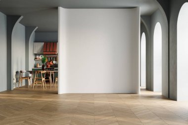 Aynı alanda oturma odası, mutfak ve yemek masası olan güzel bir stüdyo daire ve boş bir duvar. Ev ürünleri arka planı, arkaplan, kapalı alan, iç mekan