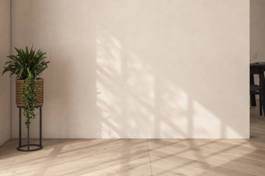 Dairenin modern iç tasarımı, masa ve sandalyeli yemek odası, bej duvarlı boş oturma odası, panorama, kemer..