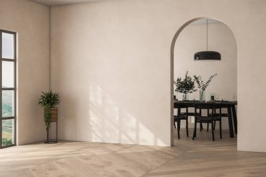 Dairenin modern iç tasarımı, masa ve sandalyeli yemek odası, bej duvarlı boş oturma odası, panorama, kemer..