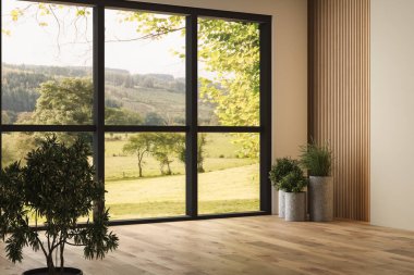 Ahşap zeminli modern evin içi.