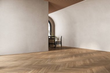 Dairenin modern iç tasarımı, masa ve sandalyeli yemek odası, bej duvarlı boş oturma odası, panorama.