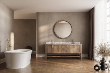 Ahşap aksanlı modern banyo, minimalist tasarım, bej arka plan, lüks ev ya da otel kavramı. 3B Hazırlama